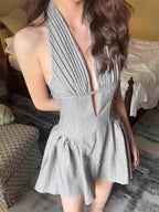Flowering Girl Women V-Neck Open Back Polka Puffy Mini Dress In Gray