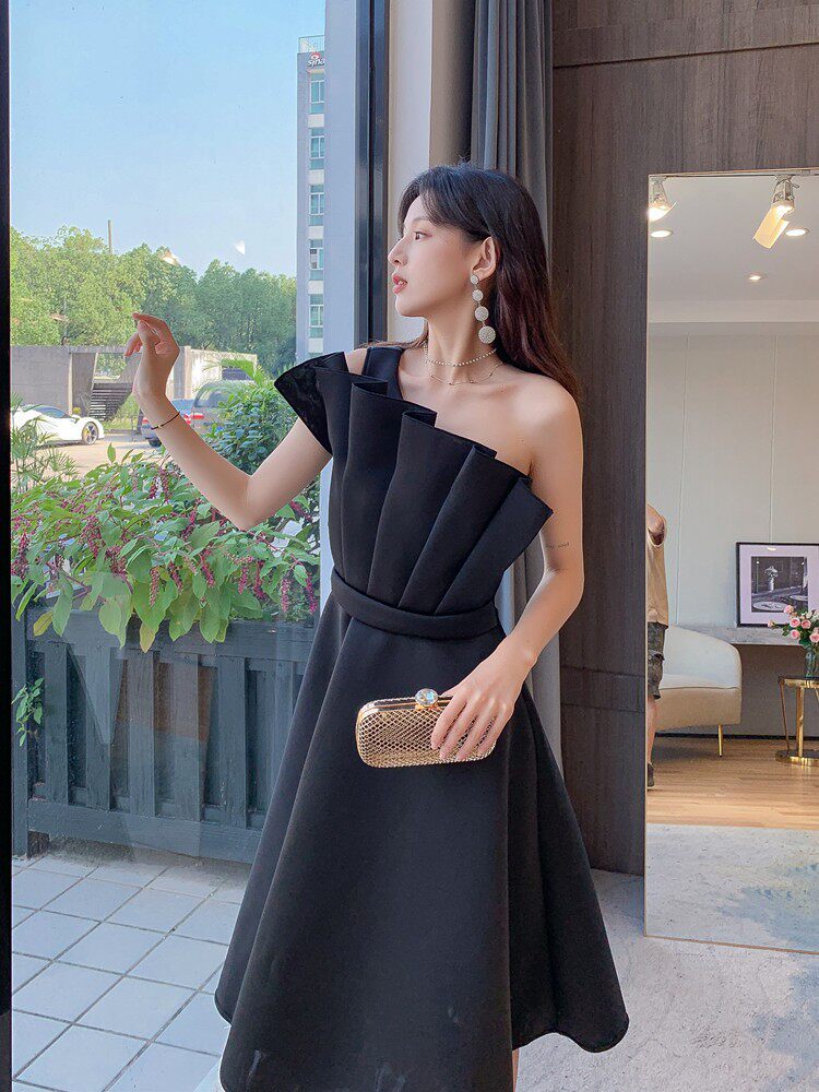 Dolores Ruffled Hem Strapless One-Shoulder Full Midi Dress