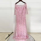 pink one-line neck nail bead sequin mesh long dress