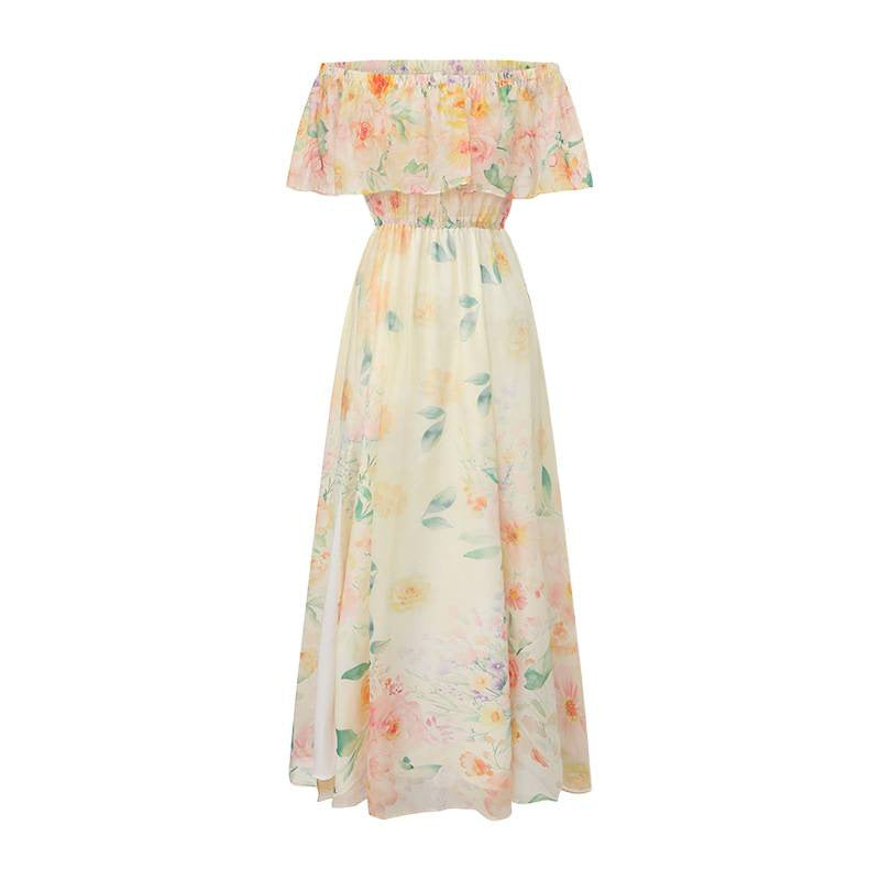 Flowering Girl Women Off-shoulder print slit chiffon maxi dress - pale yellow
