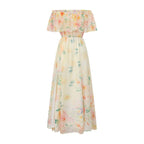 Flowering Girl Women Off-shoulder print slit chiffon maxi dress - pale yellow