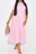 Flowering Girl Women pink buttons short sleeves maxi dress
