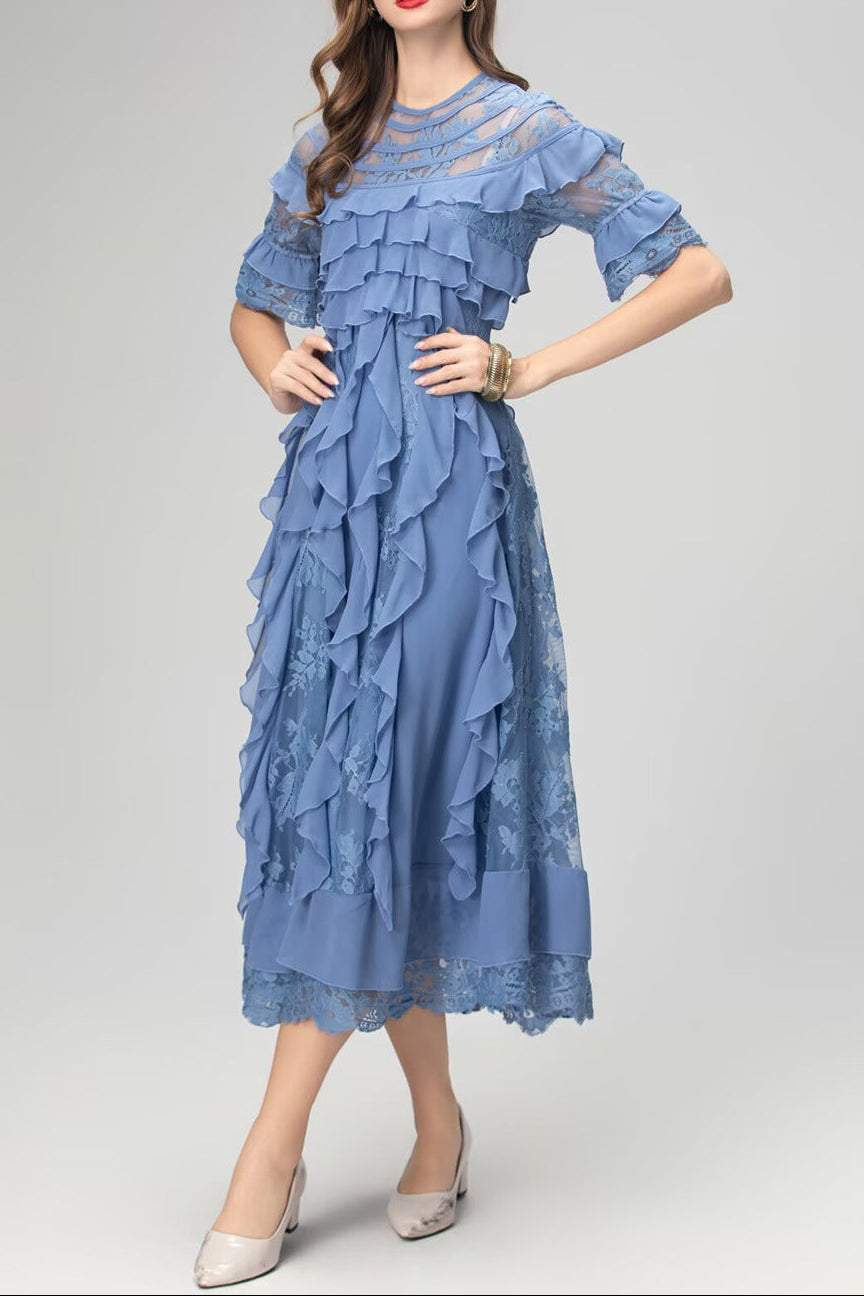Flowering Girl Women Lorraine Lace Ruffle Trim Midi Dress In Blue