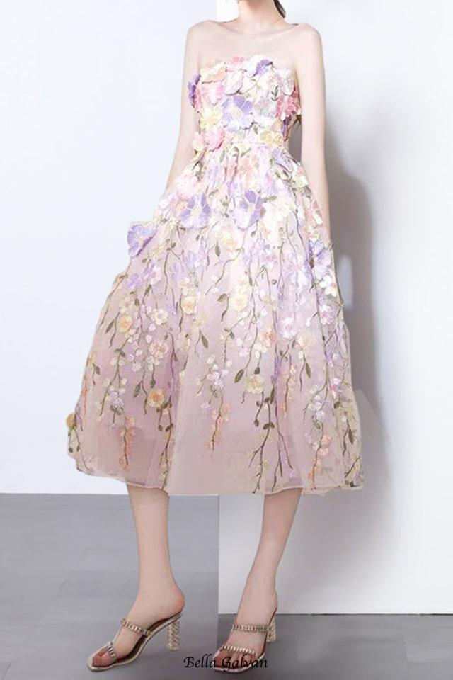 Flowering Girl Women anna floral embroidery midi dress in pastel pink