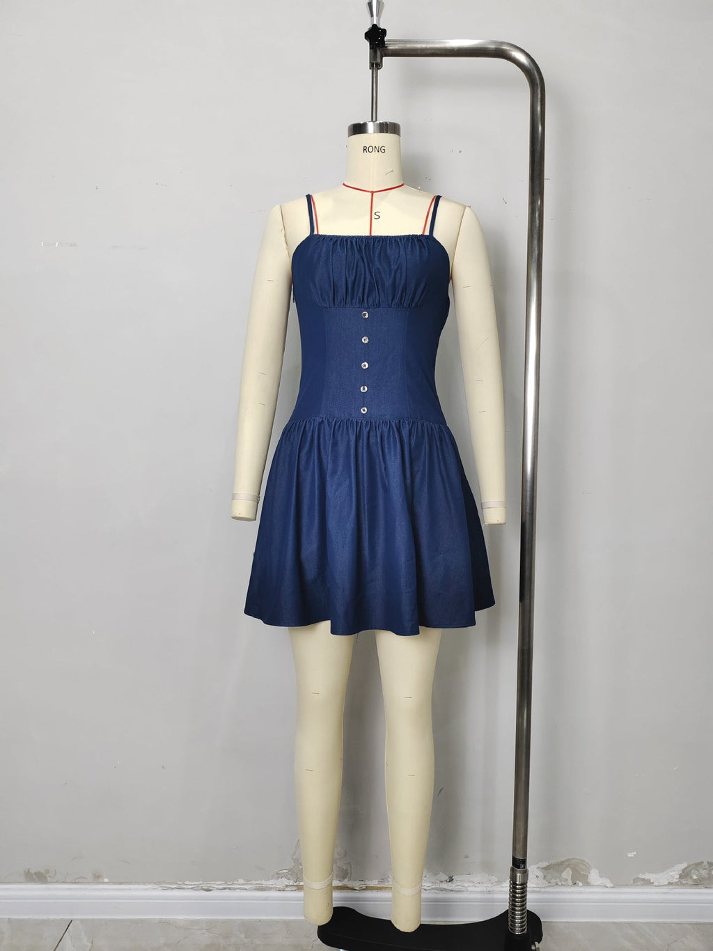 Flowering Girl Women Dark Denim Spaghetti Strap Square Neck Button Front Fit And Flare Mini Dress Summer Casual Dress