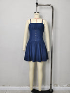 Flowering Girl Women Dark Denim Spaghetti Strap Square Neck Button Front Fit And Flare Mini Dress Summer Casual Dress