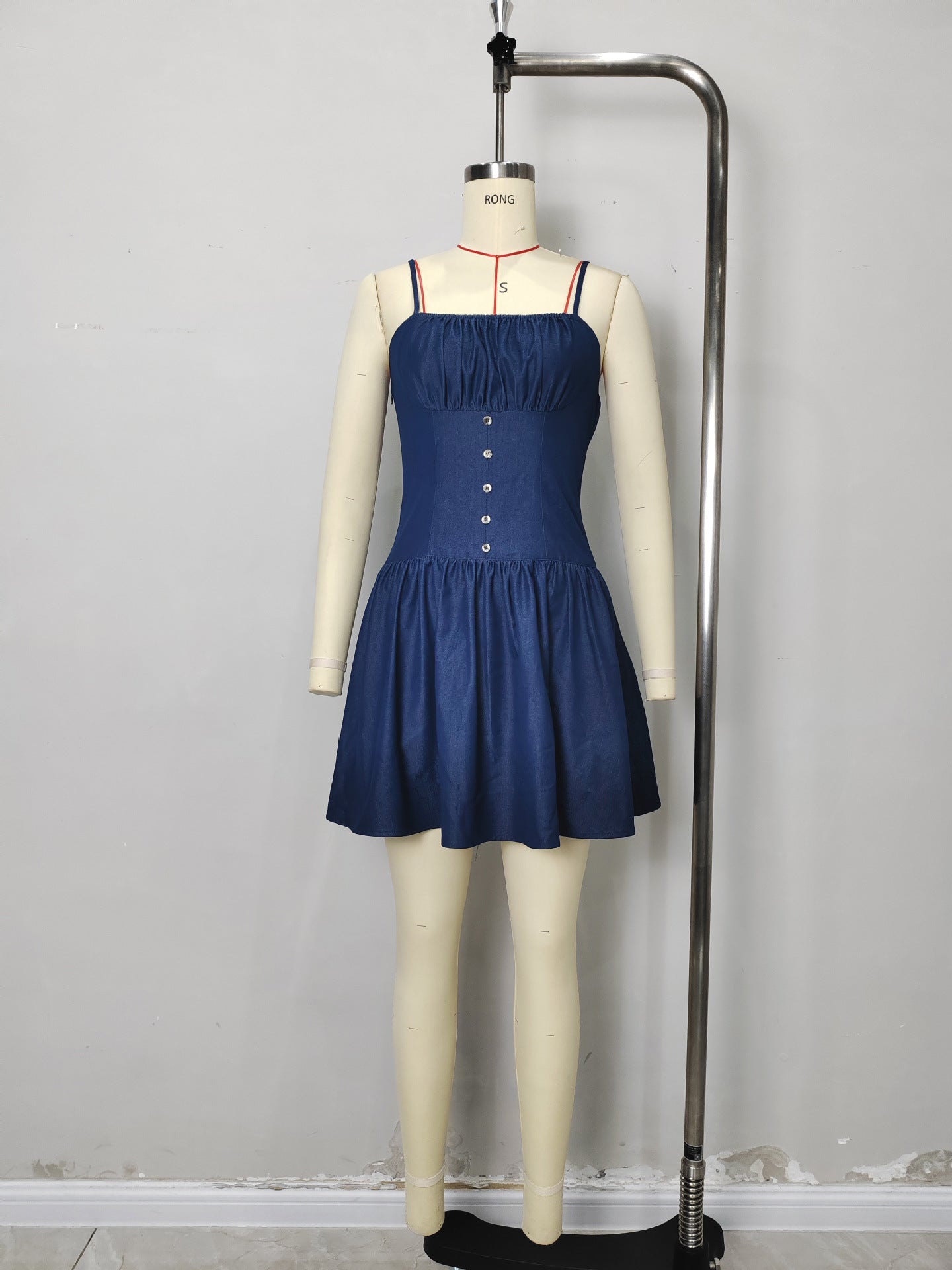 Flowering Girl Women Dark Denim Spaghetti Strap Square Neck Button Front Fit And Flare Mini Dress Summer Casual Dress