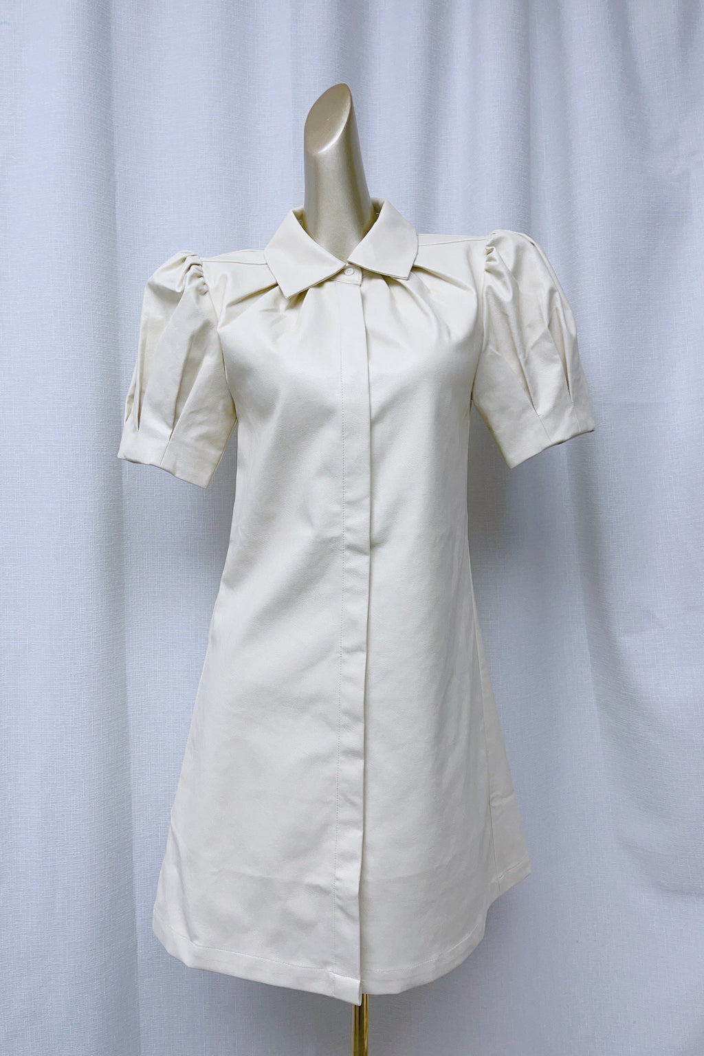 Flowering Girl Women White Lapel Collar Leather Puff Sleeves Mini Dress