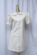 Flowering Girl Women White Lapel Collar Leather Puff Sleeves Mini Dress