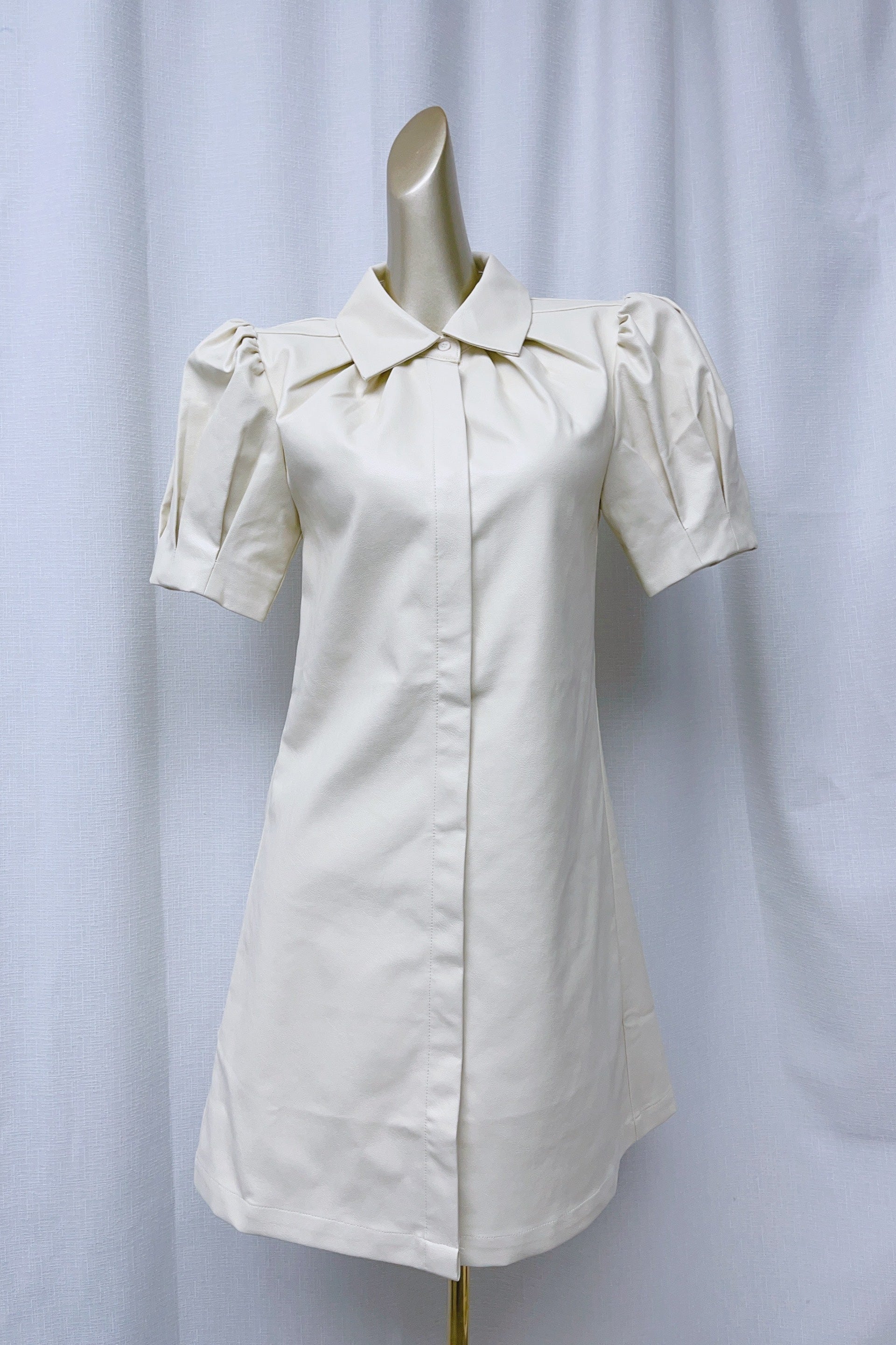 Flowering Girl Women White Lapel Collar Leather Puff Sleeves Mini Dress