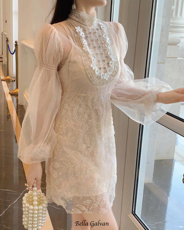 Flowering Girl Women jennifer floral bead embroidery tulle mini dress in apricot
