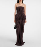 Simona Pleated Crepe Jersey Strapless Gown In Brown