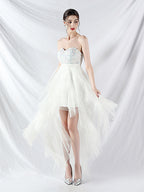 strapless sequin tulle midi dress