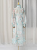 Flowering Girl Women olga floral print lantern sleeve layer Sheer maxi dress