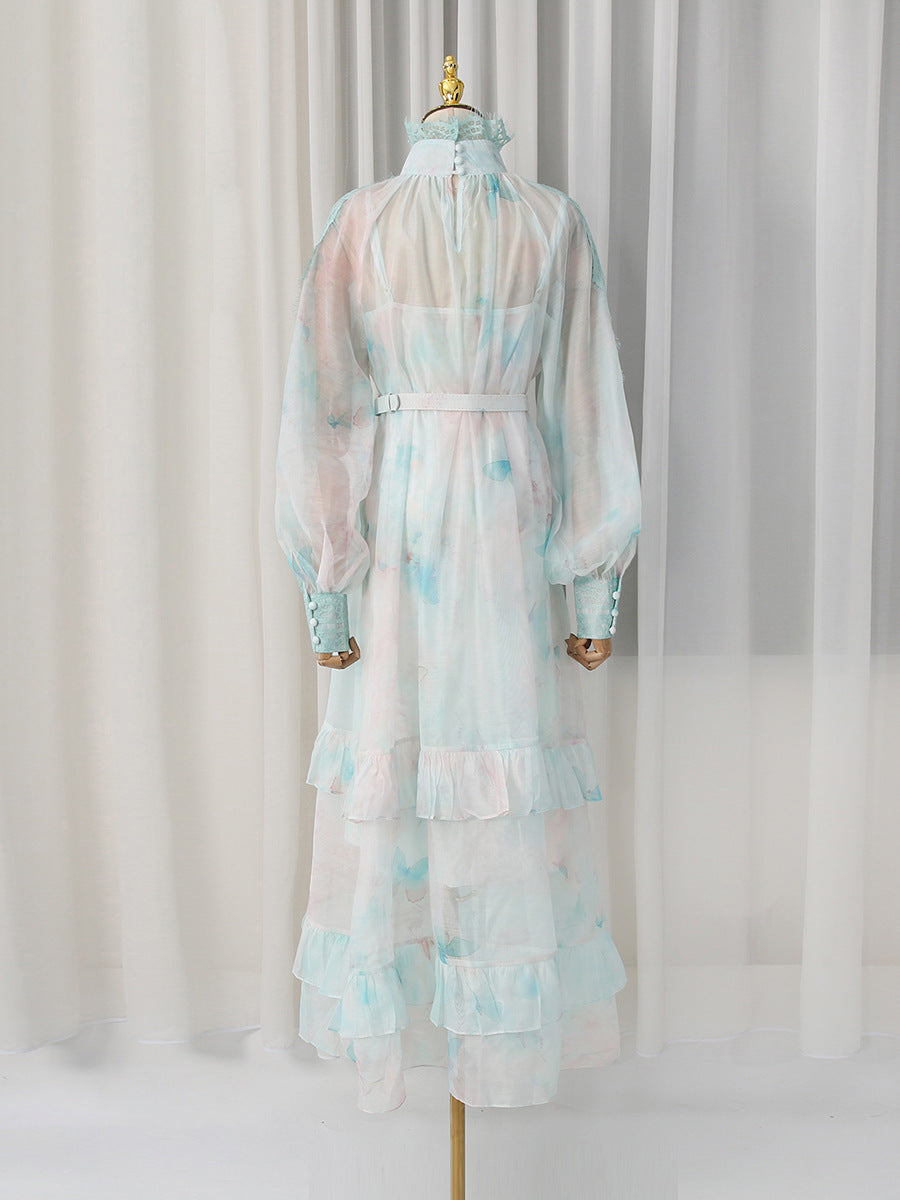 Flowering Girl Women olga floral print lantern sleeve layer Sheer maxi dress