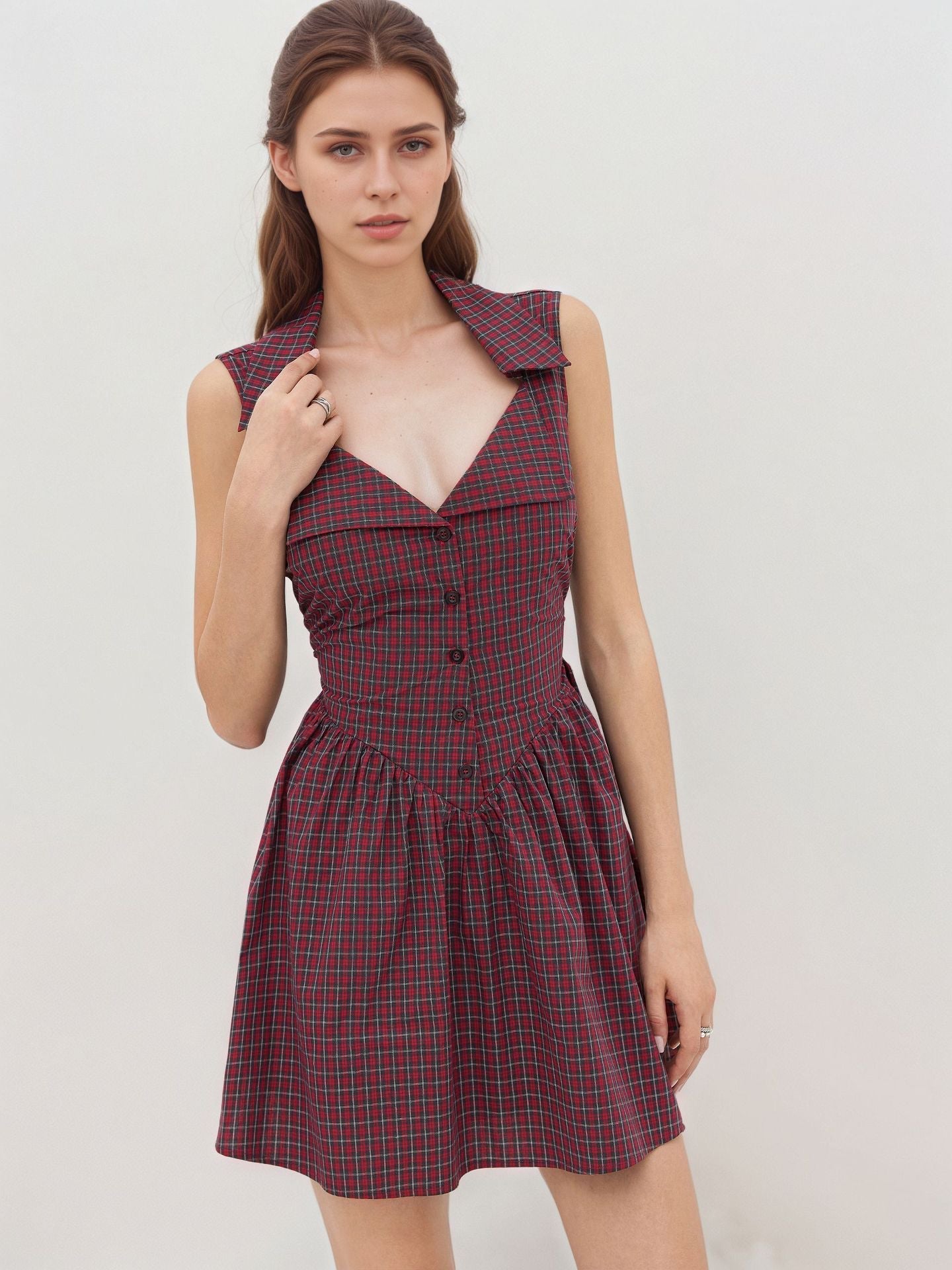 Flowering Girl Women Red Plaid Sleeveless Lapel V Neck Button Front Fit And Flare Mini Dress Summer Retro Dress