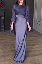 Flowering Girl Women Spliced Glass Tulle Large Swing Sleeve Long Satin Slim Fit Dress