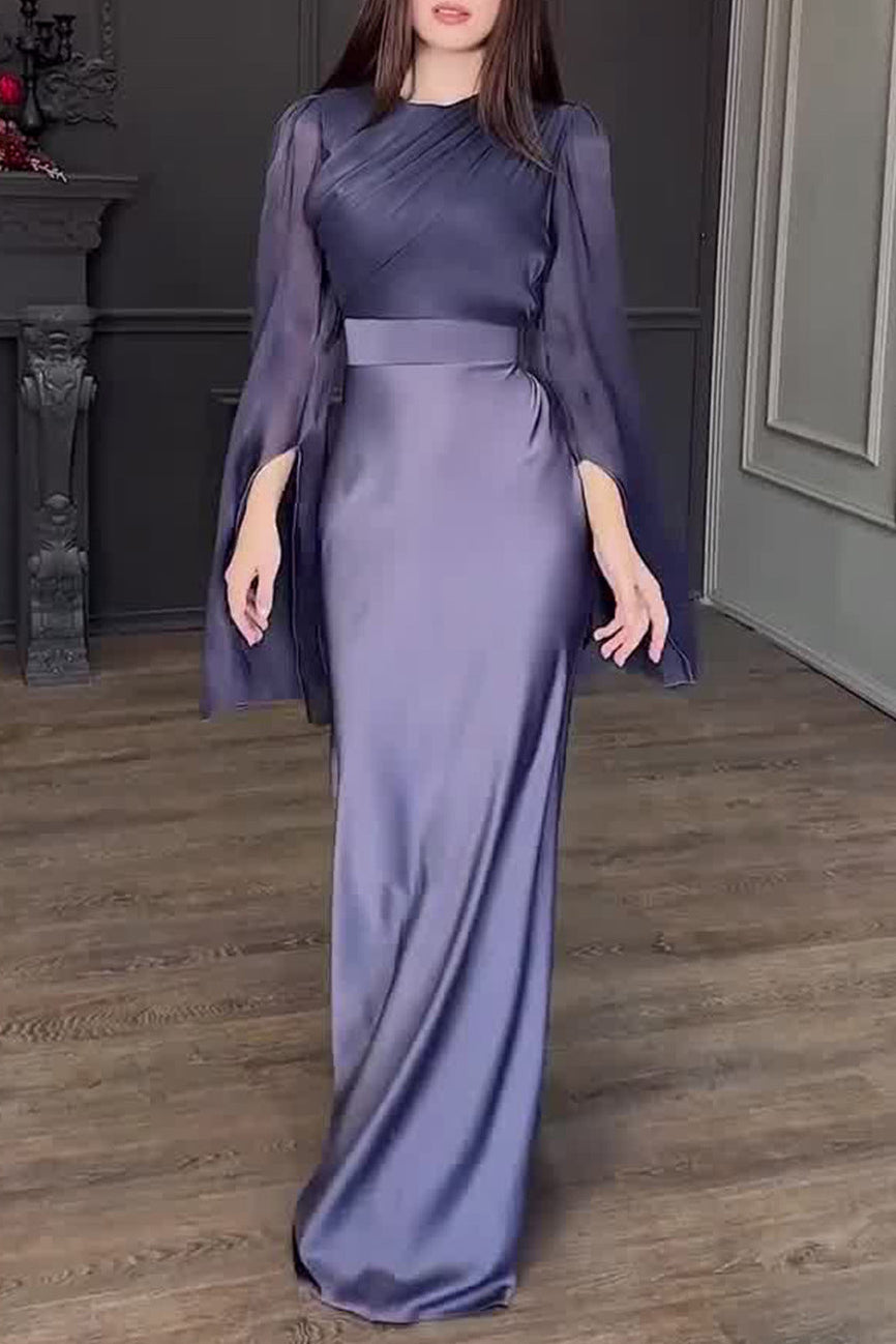 Flowering Girl Women Spliced Glass Tulle Large Swing Sleeve Long Satin Slim Fit Dress