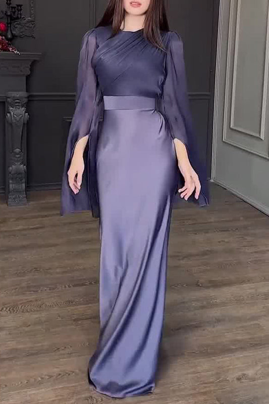 Spliced Glass Tulle Large Swing Sleeve Long Satin Slim Fit Dress