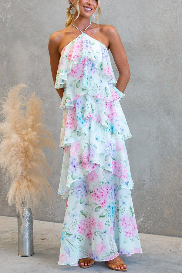 Flowering Girl Women Floral Ruffle Halter Neck Midi Dress - blue
