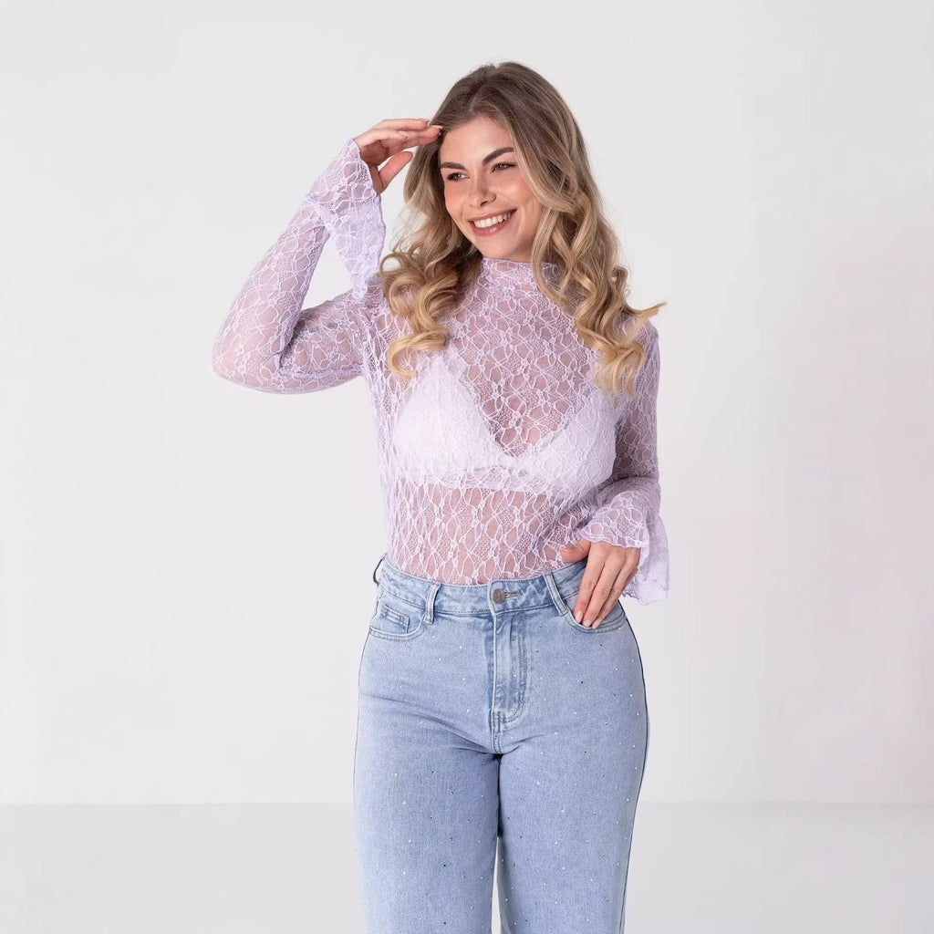 Lace Long-Sleeved Base Shirt See-Through Inner Cut-Out Top