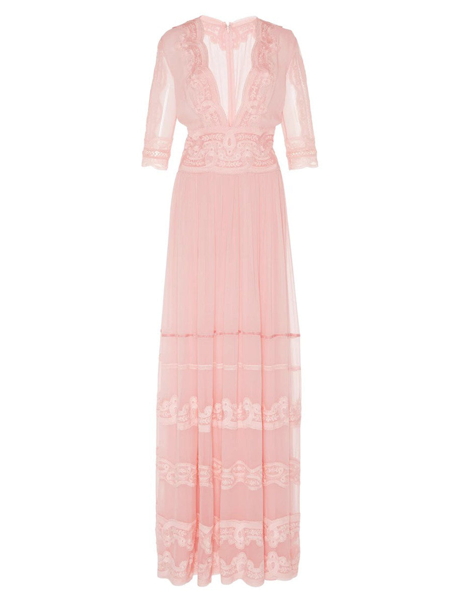 Blush Pink Lace-Trimmed V-Neck Maxi Dress