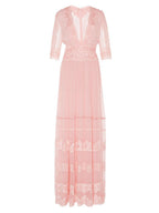 Blush Pink Lace-Trimmed V-Neck Maxi Dress