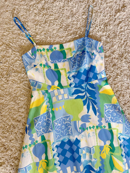Scalloped Trim Tropical Patchwork Print Spaghetti Strap Maxi Dress