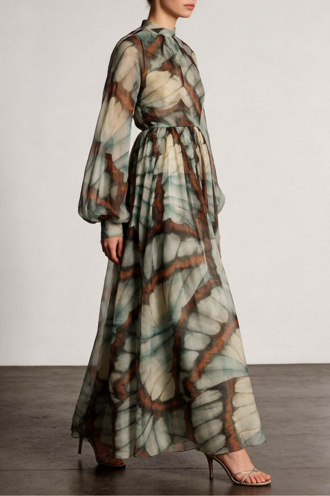 Abstract Butterfly Print Chiffon Maxi Dress