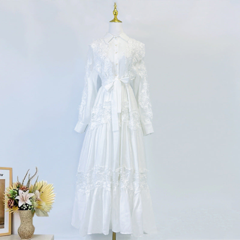 alexandra Splicing Flapped Lace hollow Midi Dress in white