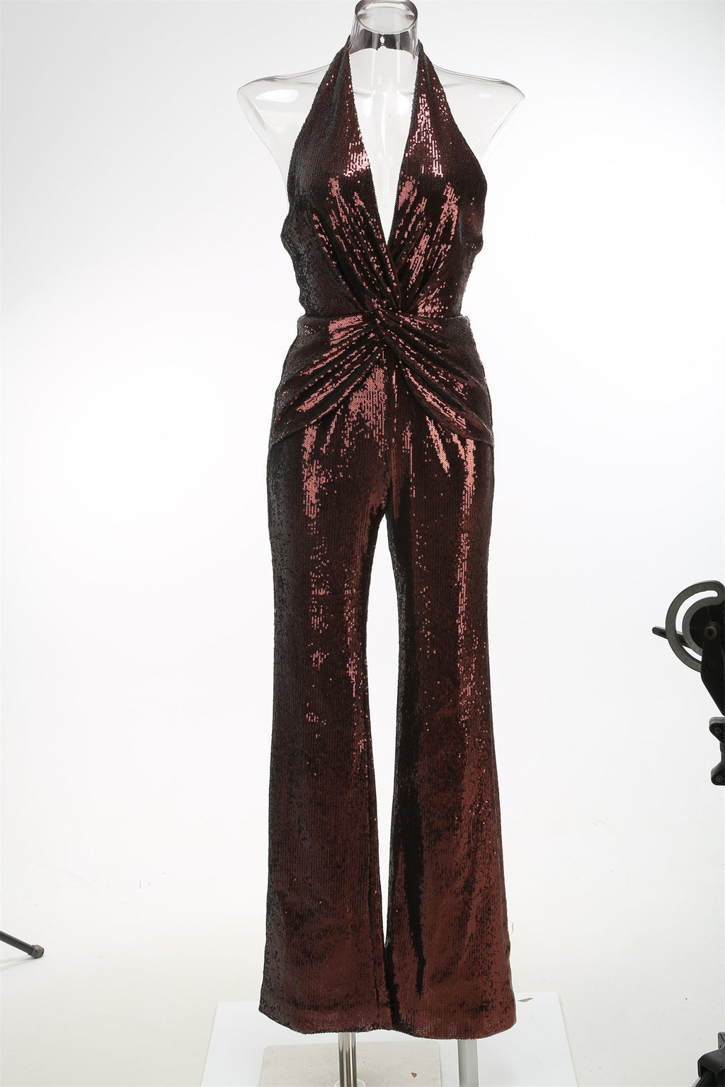 Flowering Girl Women Nora Brown Sequin Halterneck Deep V High Waist Flared Jumpsuit
