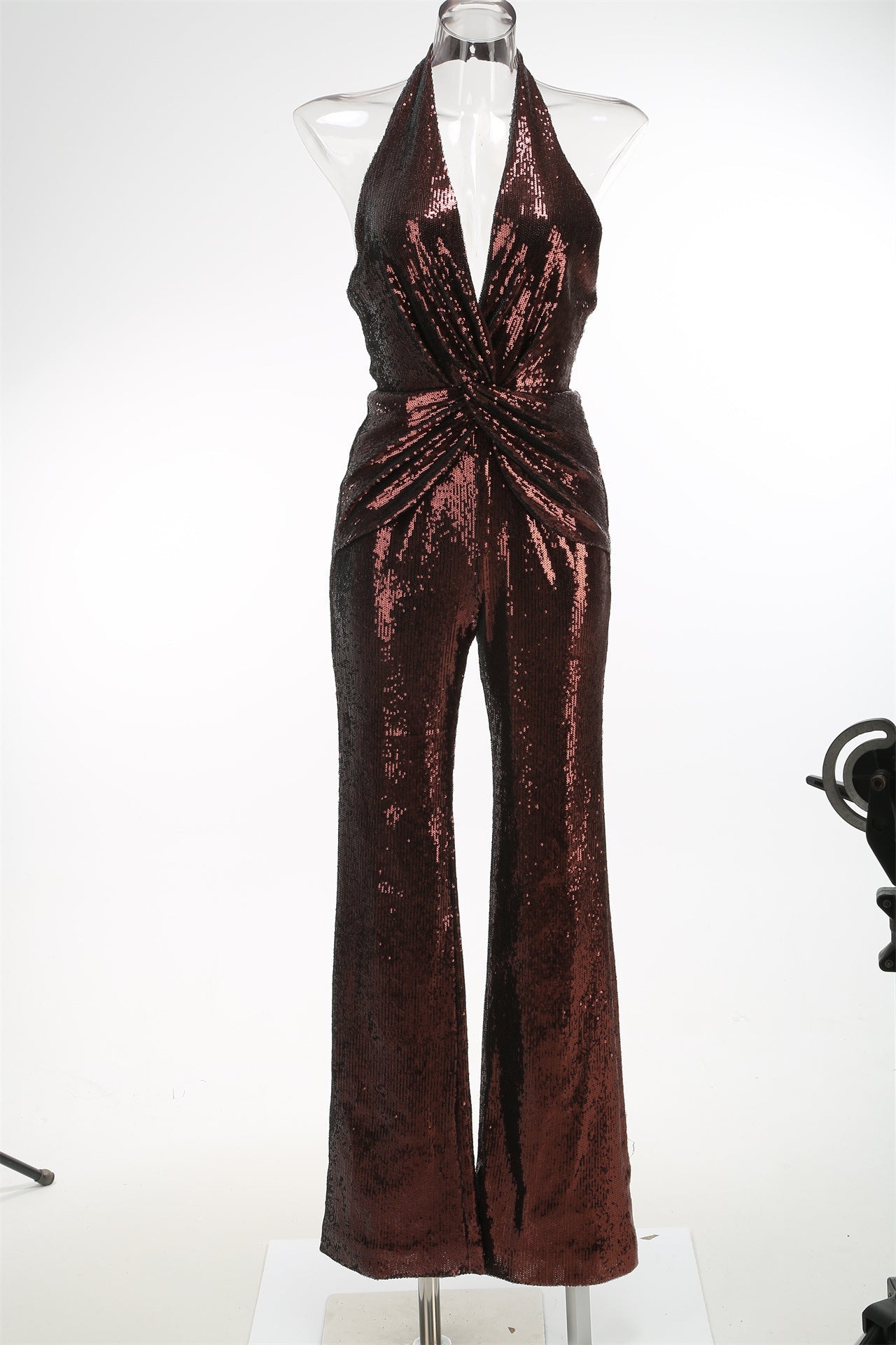 Flowering Girl Women Nora Brown Sequin Halterneck Deep V High Waist Flared Jumpsuit