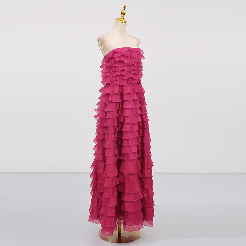 Cathy Pleated Layer Strapless Maxi Dress In Rose Red