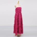 cathy Pleated layer strapless maxi dress in rose red