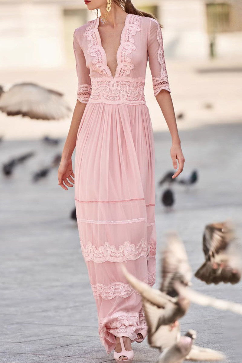 Blush Pink Lace-Trimmed V-Neck Maxi Dress