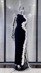 kimberley black Sleeveless Hollow Out Flowers Slit Bandage Maxi Dress