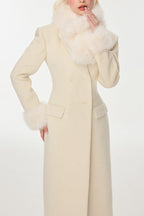 Flowering Girl Women Ivory Slim faux fur mid-length woolen coat
