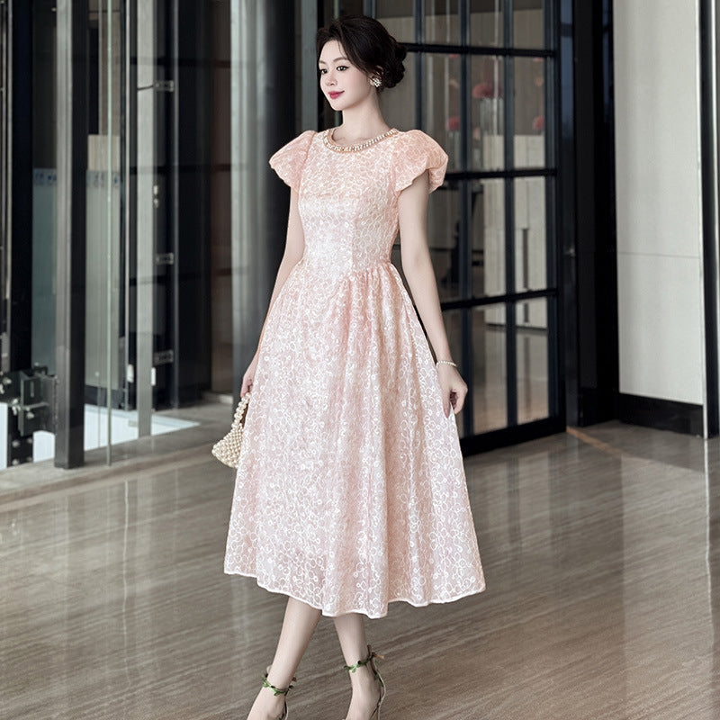 Flowering Girl Women pearl neck Puff sleeve flared lace midi dress - pink