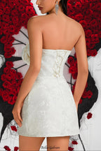joyce 3d flower jacquard strapless mini dress in white