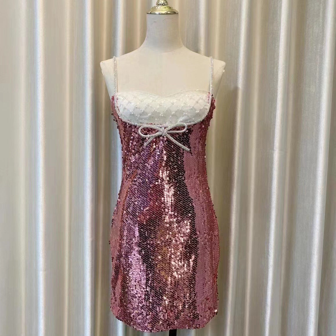 Flowering Girl Women DAVINA SEQUINS DIAMANTE MINI DRESS IN PINK