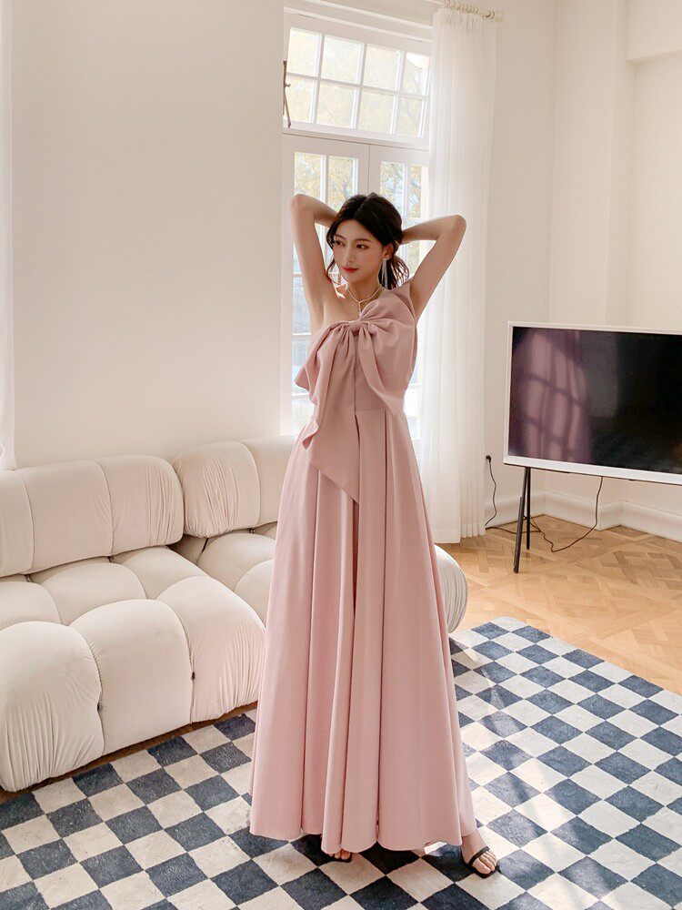 Dolores Oversized Bow Strapless Maxi Dress-Pink