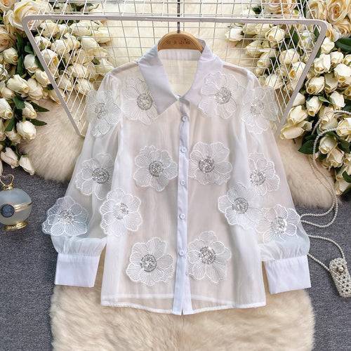 Flowering Girl Women Beaded sequined 3D floral sheer mesh shirt
