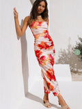 satin floral wavy collar woven spaghetti strap slit dress