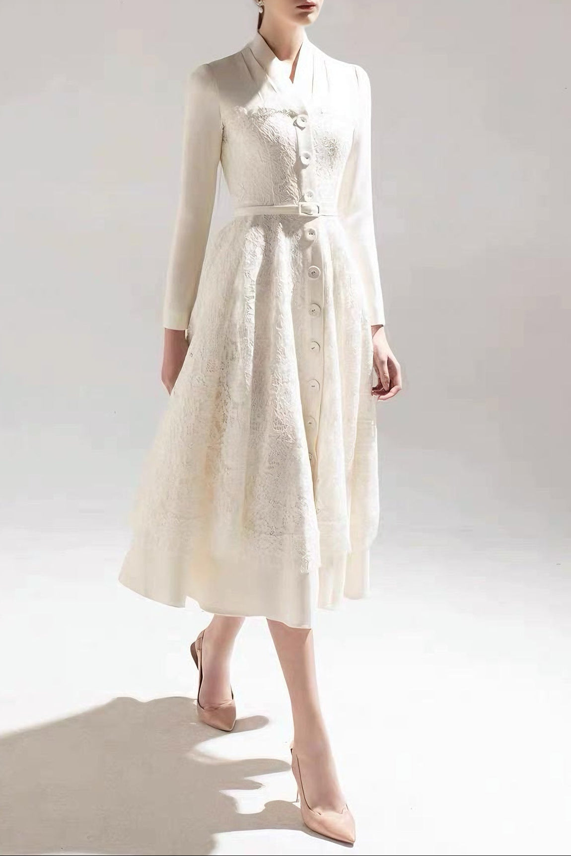 Anna Patchwork Lace Midi Blazer Dress In Apricot