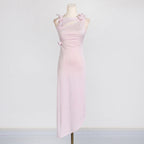 3d flower asymmetric satin slit gown in pink