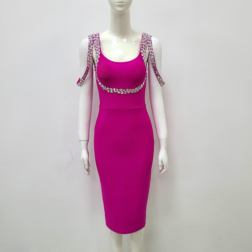 Flowering Girl Women CRYSTAL BANDAGE MIDI DRESS IN HOT PINK