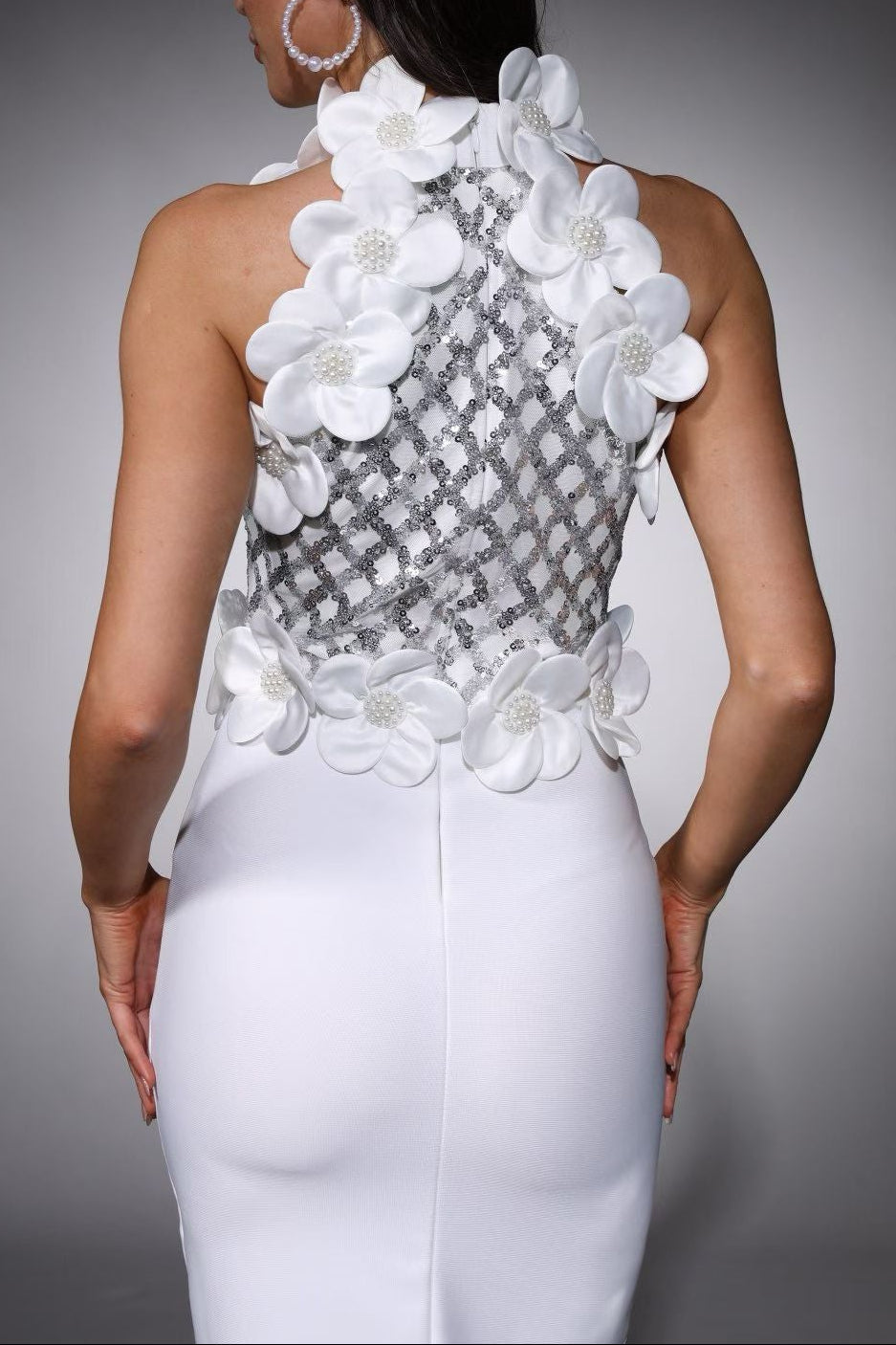 Phoenix 3d Flower Sequin Halter Bandage Maxi Dress In White