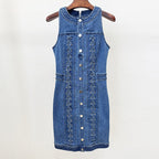 selena buttoned lace-up sleeveless mini dress in navy blue