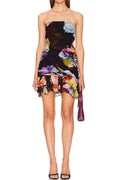 Flowering Girl Women kelly Printed ruffle strapless mini dress - black