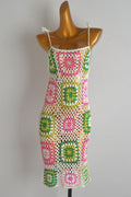 Pink & Green Granny Square Crochet Mini Dress